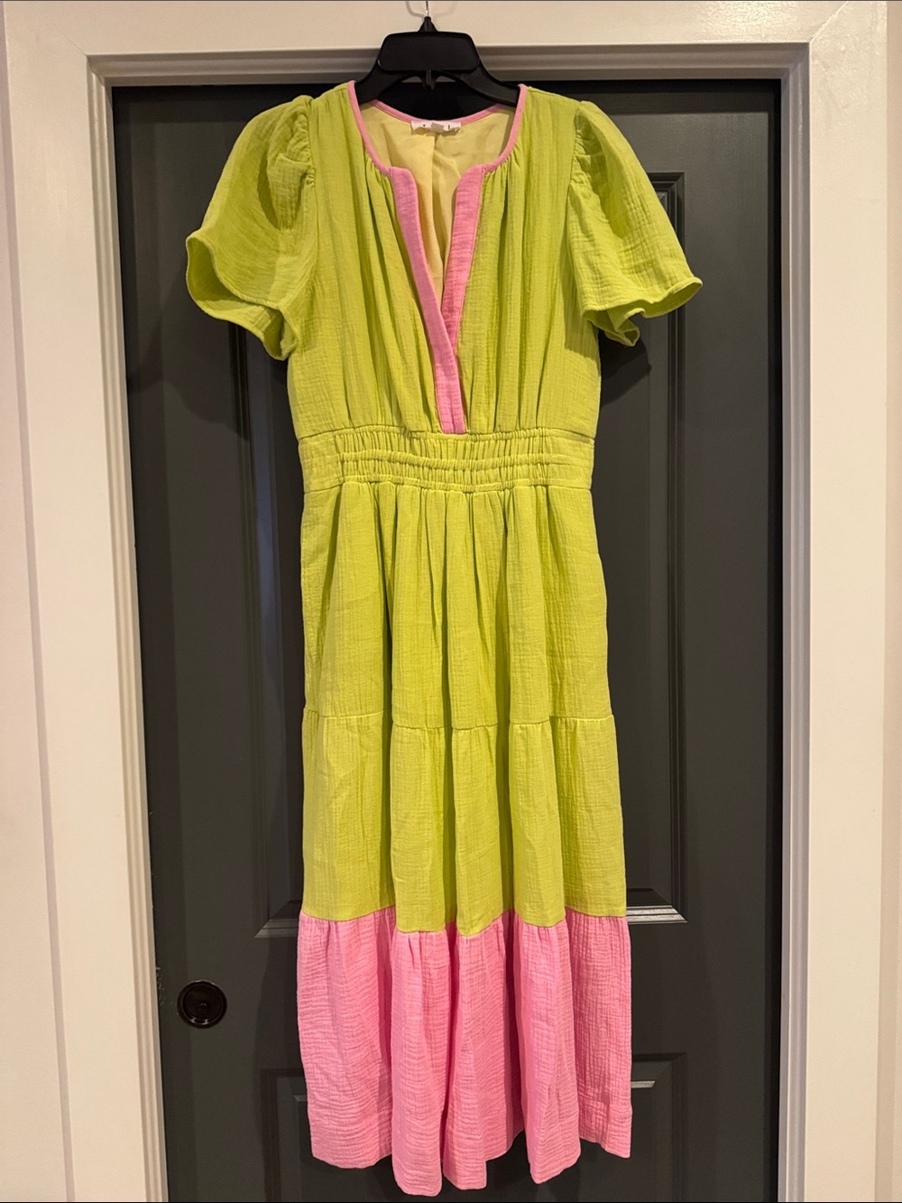 THML Lime Green and Pink Tiered Midi Dress